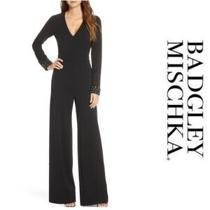 MARK + JAMES BY BADGLEY MISCHKA Jumpsuit Black Long Sleeve Beaded Pockets Sz 12